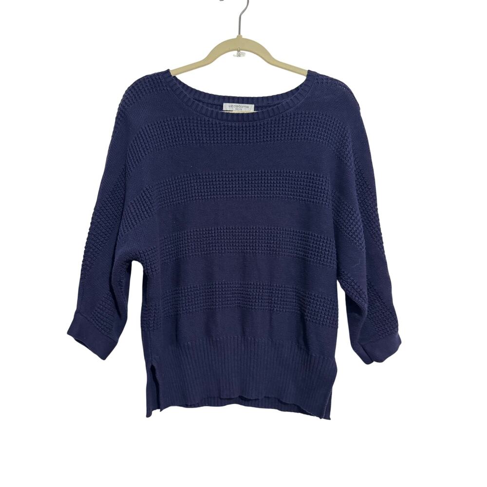 Liz Claiborne Petite Medium Navy Blue Textured Knit Crewneck Sweater 3/4 Sleeve